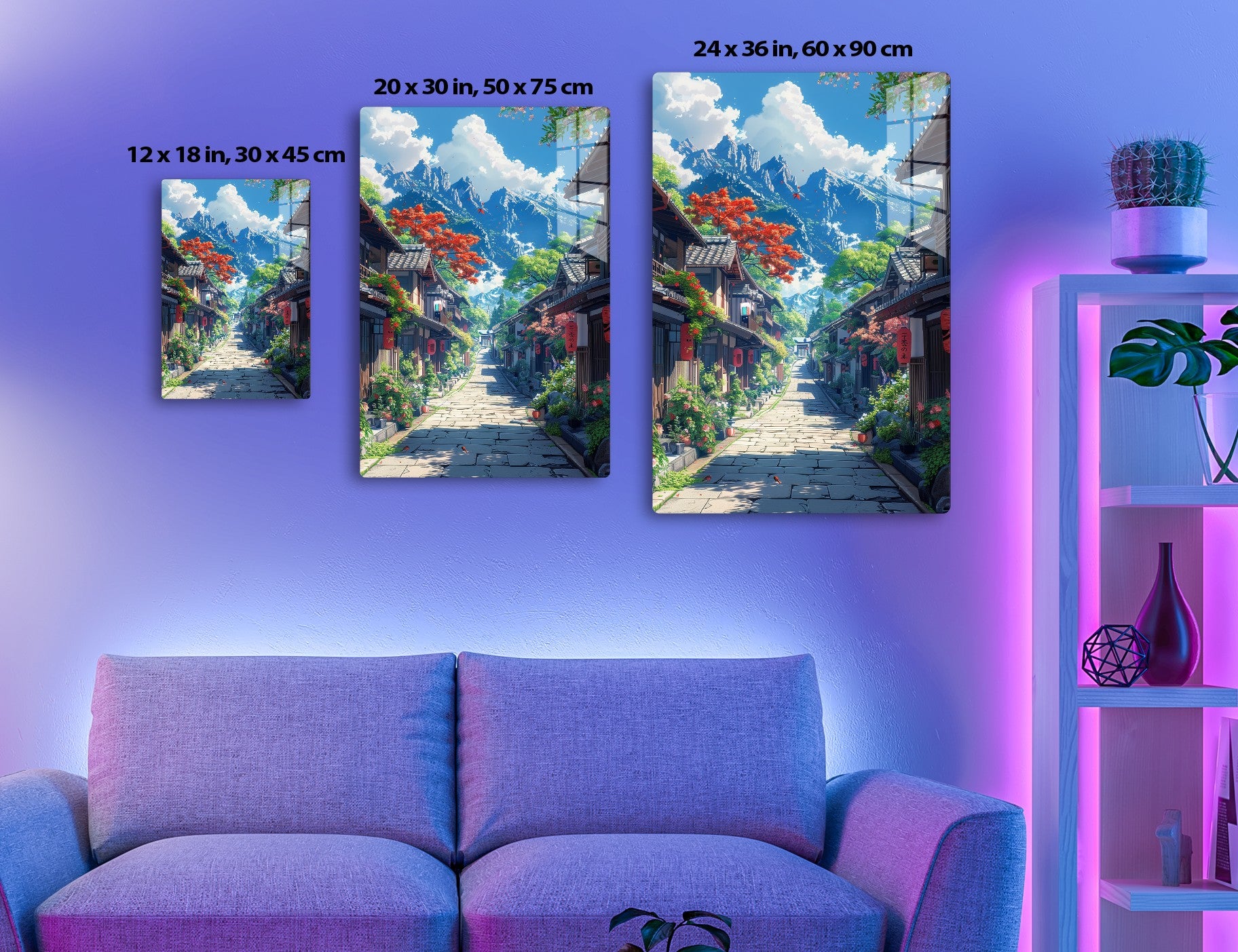 A serene mountain village path lined with traditional Japanese houses and vibrant blooming trees framed by majestic snow-capped peaks against a blue sky.
