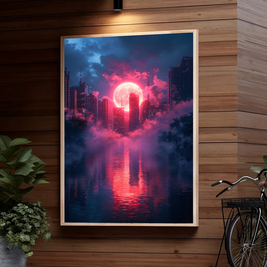 A surreal city skyline at night with a giant full moon reflecting in a river, surrounded by vivid pink and blue clouds, creating a dreamlike, otherworldly atmosphere.
