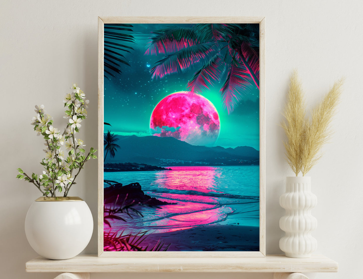 A surreal tropical beach scene with a massive colorful pink moon rising over the ocean, reflecting brilliantly on the water's surface and illuminating the palm trees silhouetted against a starry night sky.
