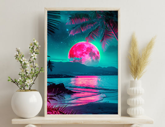 A surreal tropical beach scene with a massive colorful pink moon rising over the ocean, reflecting brilliantly on the water's surface and illuminating the palm trees silhouetted against a starry night sky.
