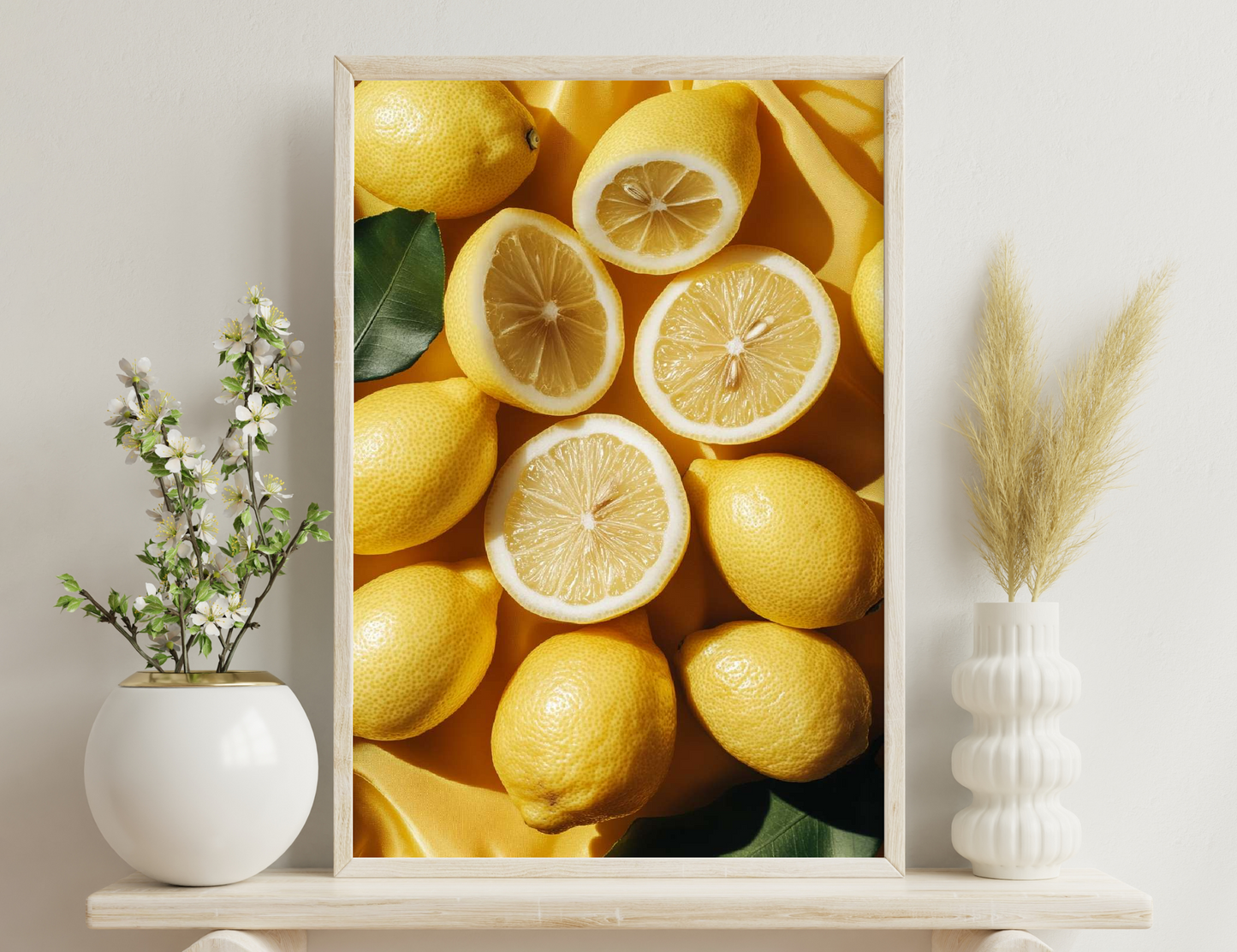 A pile of ripe yellow lemons, some whole and some halved, showing their juicy flesh and segments on a yellow cloth background with a green leaf.
