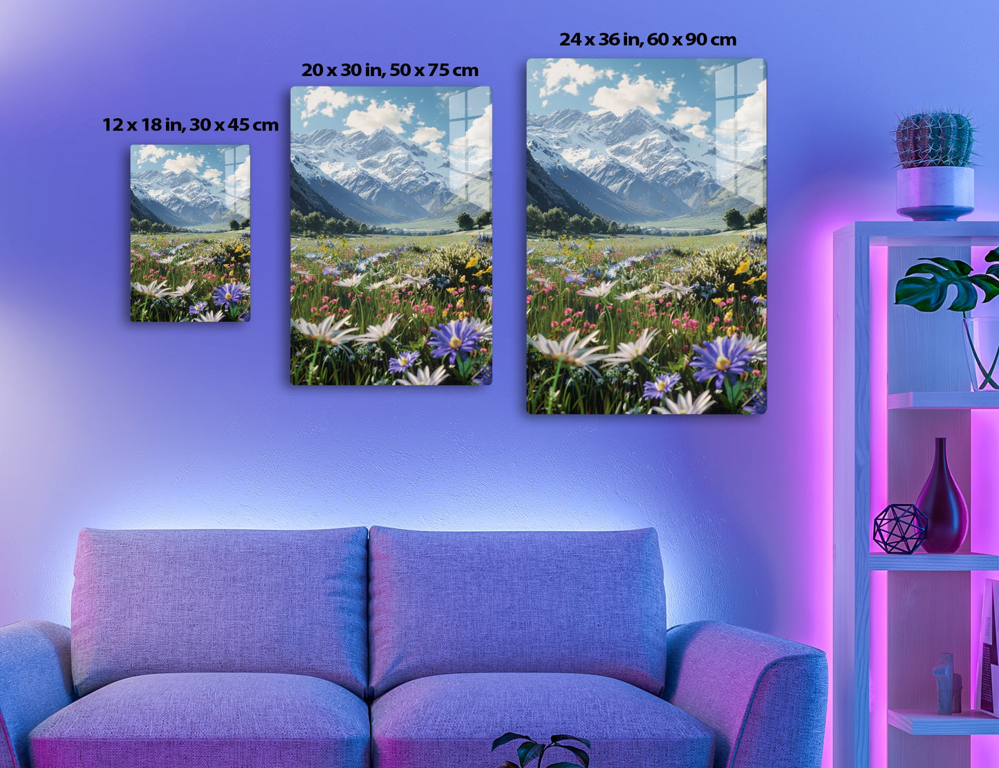 Scenic view of majestic snow-capped mountains towering over a vibrant alpine meadow blanketed with a profusion of colorful wildflowers in full bloom under a blue sky with fluffy white clouds.
