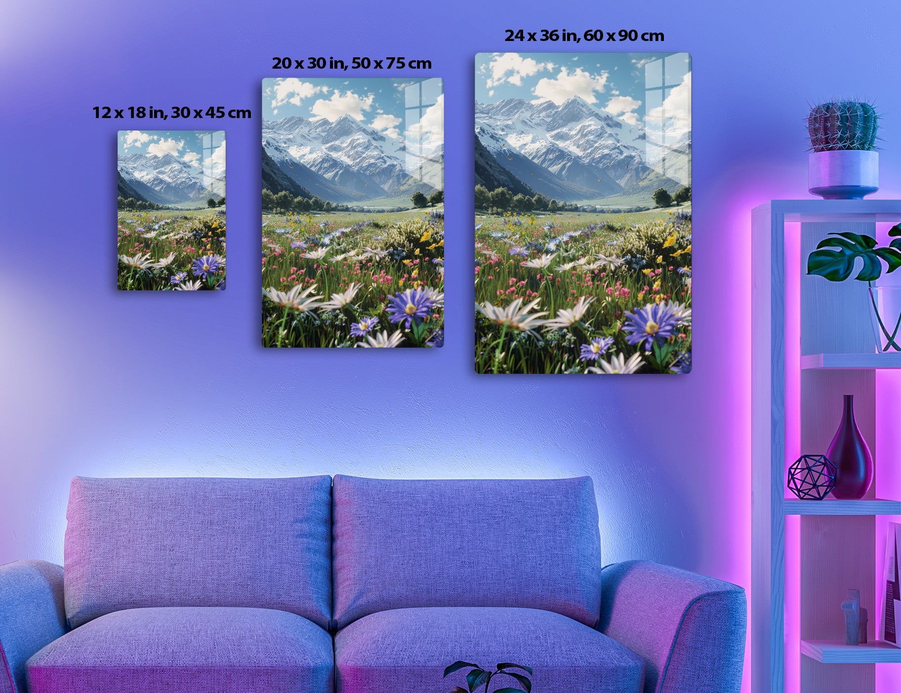 Scenic view of majestic snow-capped mountains towering over a vibrant alpine meadow blanketed with a profusion of colorful wildflowers in full bloom under a blue sky with fluffy white clouds.
