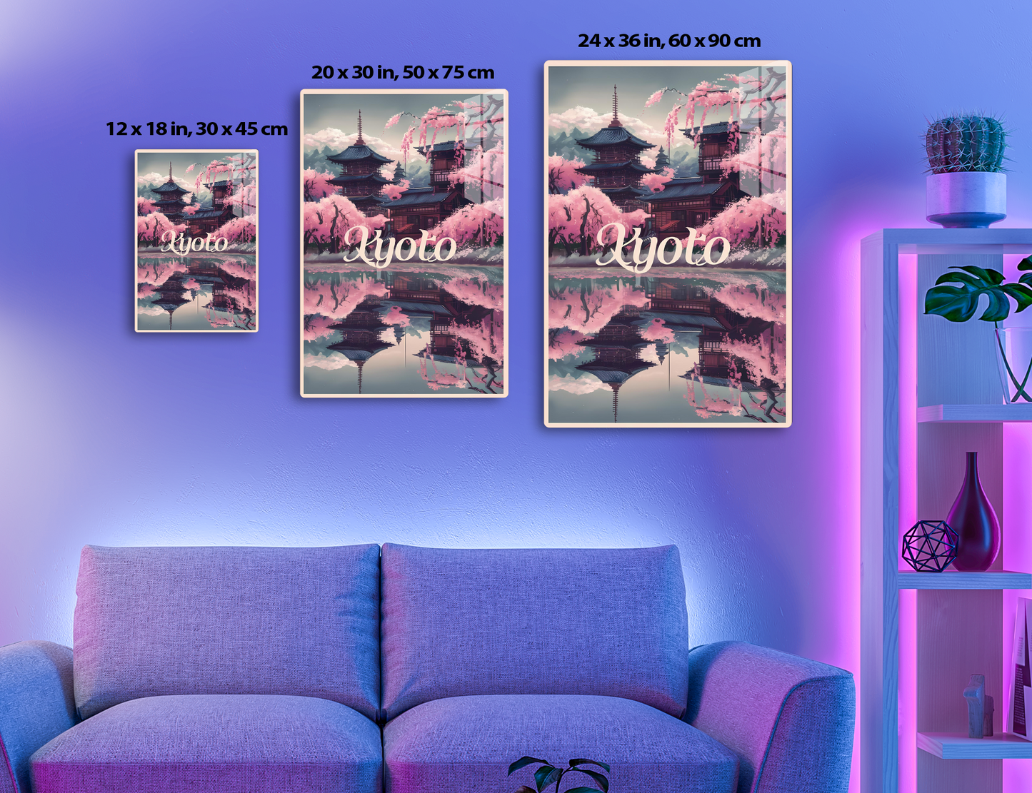 A stylized Japanese landscape featuring traditional pagoda-style architecture amidst blooming cherry blossom trees, reflected in a still lake, with mountains in the background and the text "Kyoto" prominently displayed.
