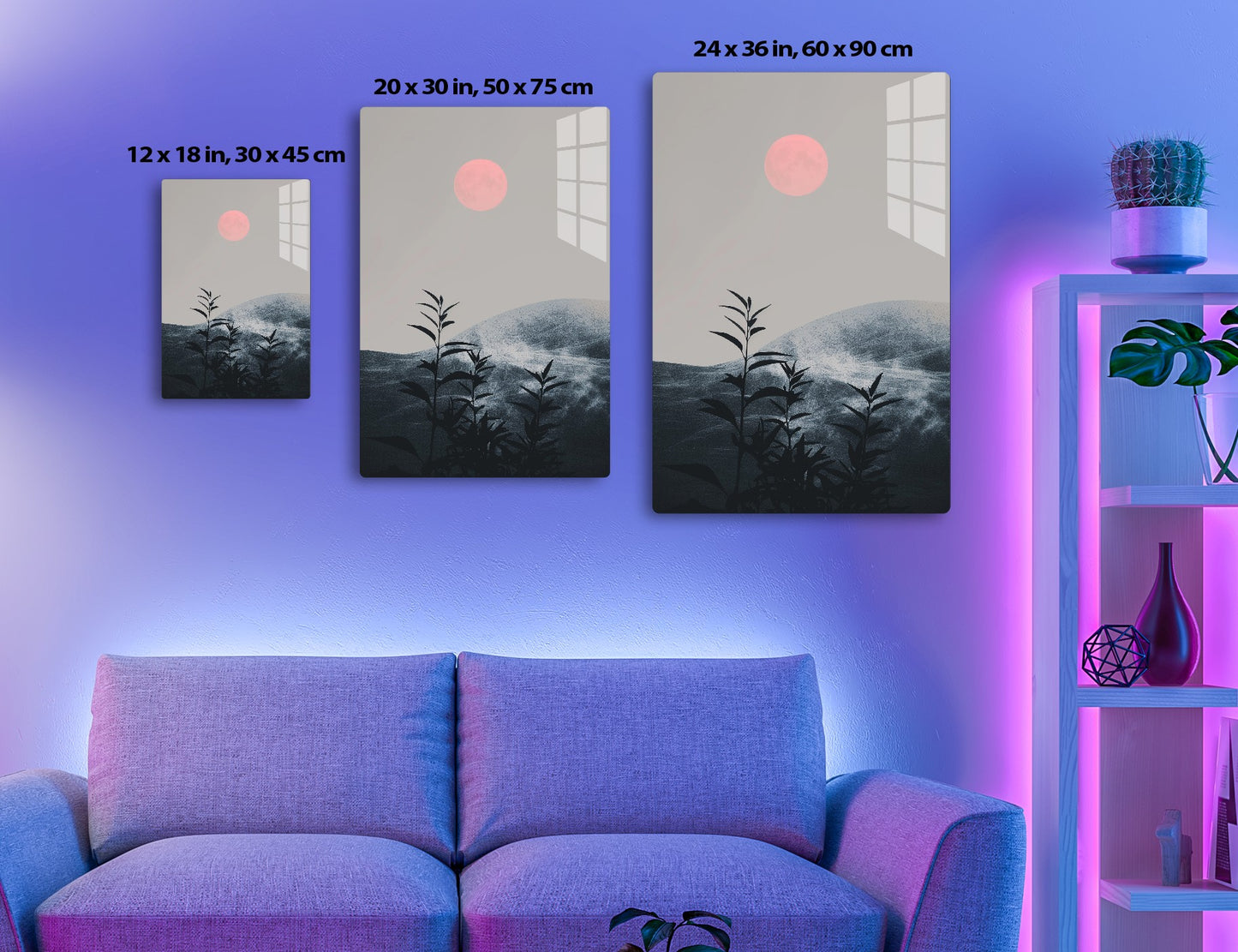 A minimalist landscape illustration with a large pink sun or moon in a gray sky, silhouettes of rolling hills or mountains in the background, and black botanical elements resembling plants or trees in the foreground.
