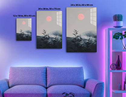 A minimalist landscape illustration with a large pink sun or moon in a gray sky, silhouettes of rolling hills or mountains in the background, and black botanical elements resembling plants or trees in the foreground.
