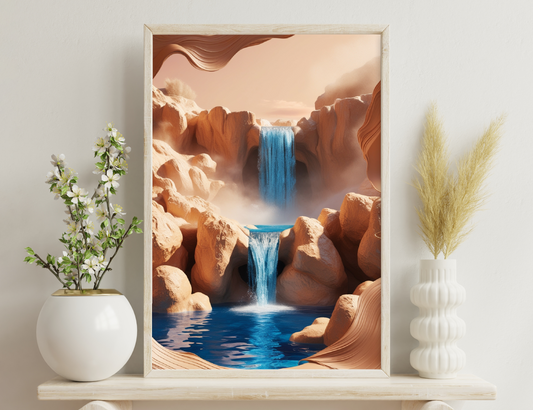 A surreal landscape with towering red rock formations, a powerful blue waterfall cascading from above, and rippling turquoise pools below, all surrounded by swirling patterns resembling carved wood or agate.
