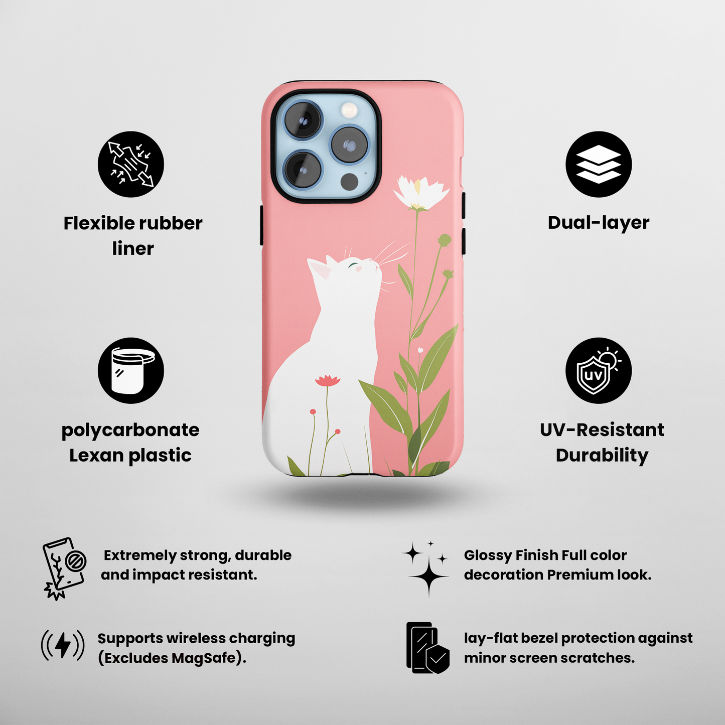 Blossom Gazer (iPhone Case 11-15)Elevate your iPhone's protection and style with RimaGallery's A serene white cat admiring spring blossoms on a pastel pink On case, featuring dual-layer defense and RimaGallery