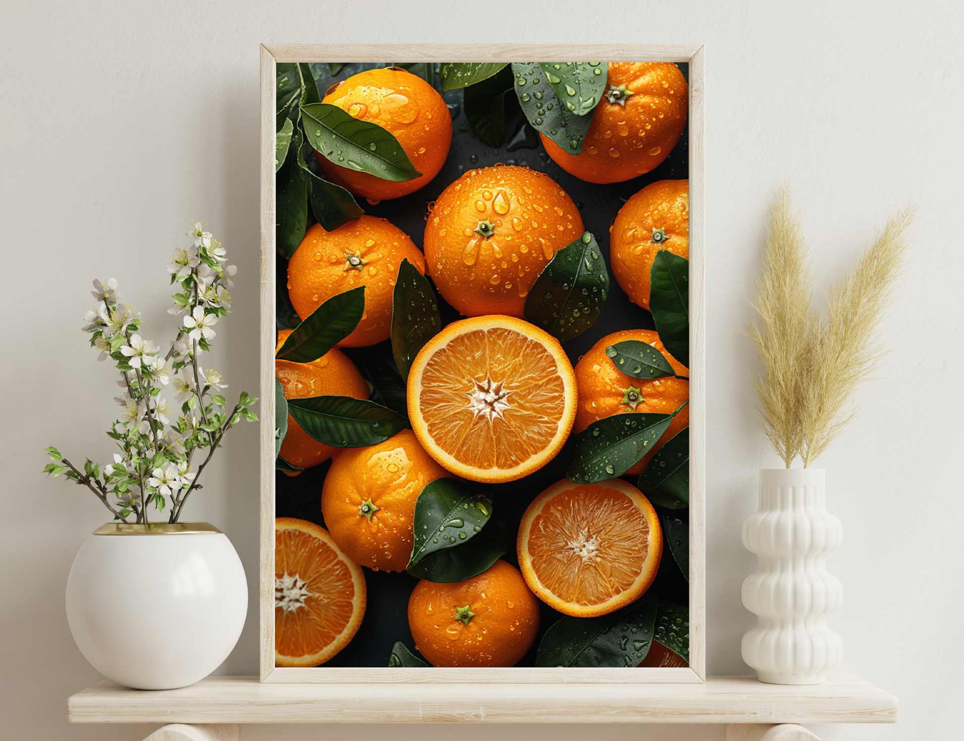 Ripe oranges with water droplets surrounded by green leaves, halved oranges showing their juicy star-shaped interior.
