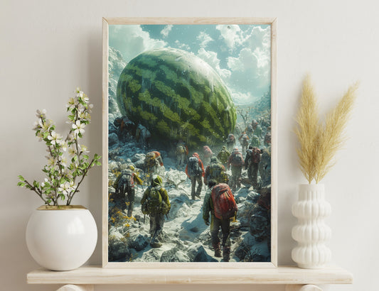 A surreal scene of people trekking through a snowy landscape towards a massive watermelon-shaped sphere covered in lush greenery and trees, creating a striking contrast between the natural and the fantastical elements.
