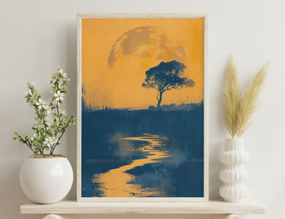 A silhouetted tree stands against an orange sunset or moonrise with a winding river reflecting the warm light.
