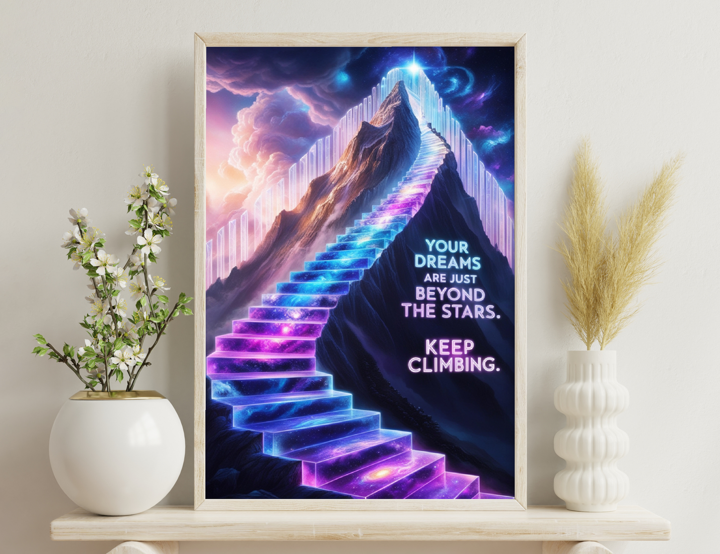 A surreal image depicting a stairway of glowing, colorful steps leading up to a towering mountain peak amidst cosmic clouds and stars, with an inspirational quote encouraging perseverance towards one's dreams.
