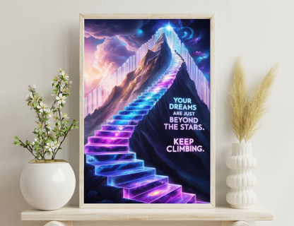 A surreal image depicting a stairway of glowing, colorful steps leading up to a towering mountain peak amidst cosmic clouds and stars, with an inspirational quote encouraging perseverance towards one's dreams.
