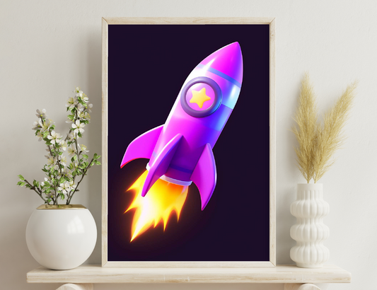 A vibrant illustration of a stylized rocket or spacecraft in shades of purple, yellow, and orange, with a yellow star emblem on the body, blasting off against a dark background.
