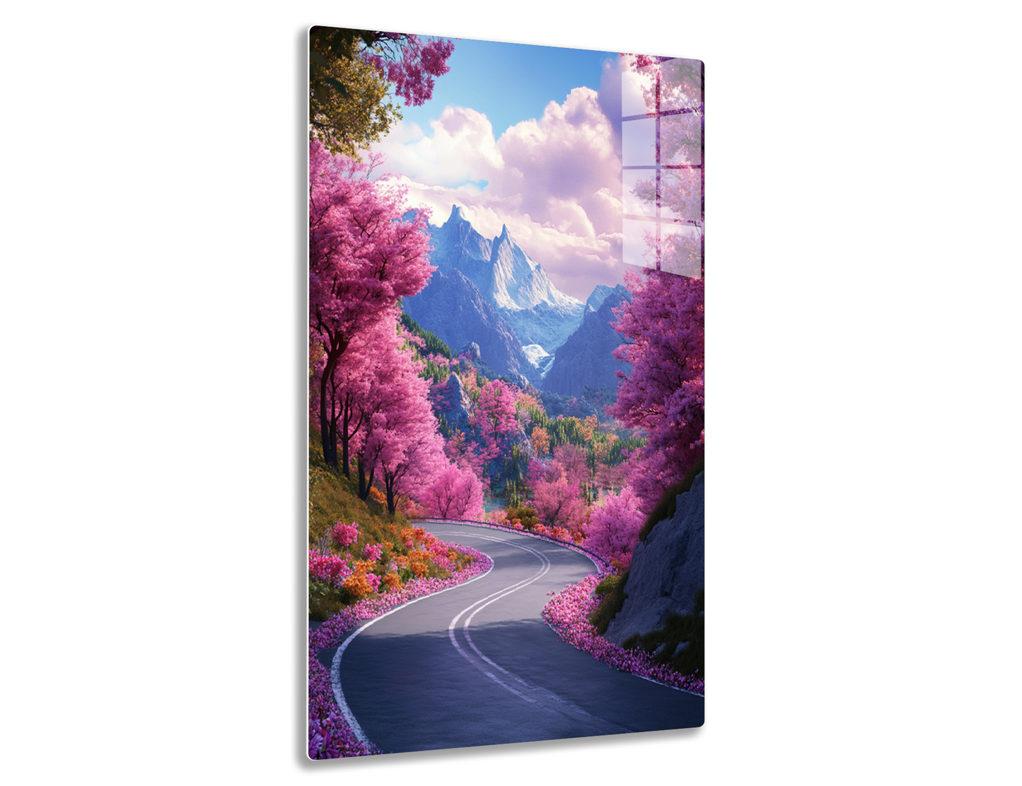 A winding road leads through a vibrant pink forest with blooming cherry trees towards majestic snow-capped mountains against a cloudy blue sky, creating a surreal and serene landscape scene.
