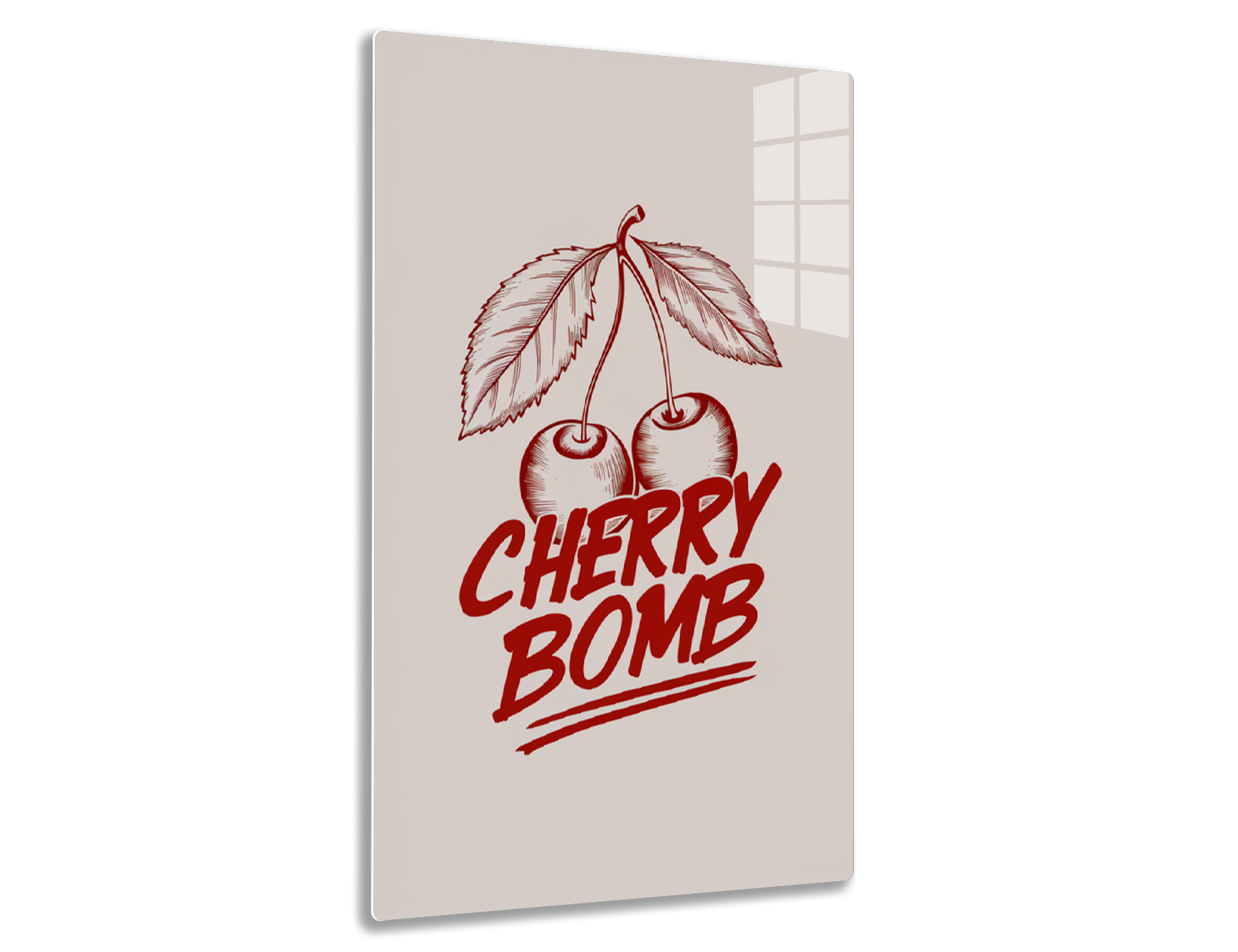 Vintage graphic illustration depicting two cherries with leaves and the text "Cherry Bomb" in a stylized red color on a light background.
