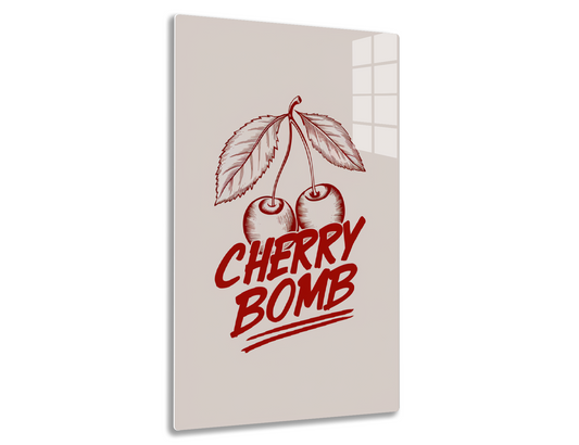Vintage graphic illustration depicting two cherries with leaves and the text "Cherry Bomb" in a stylized red color on a light background.
