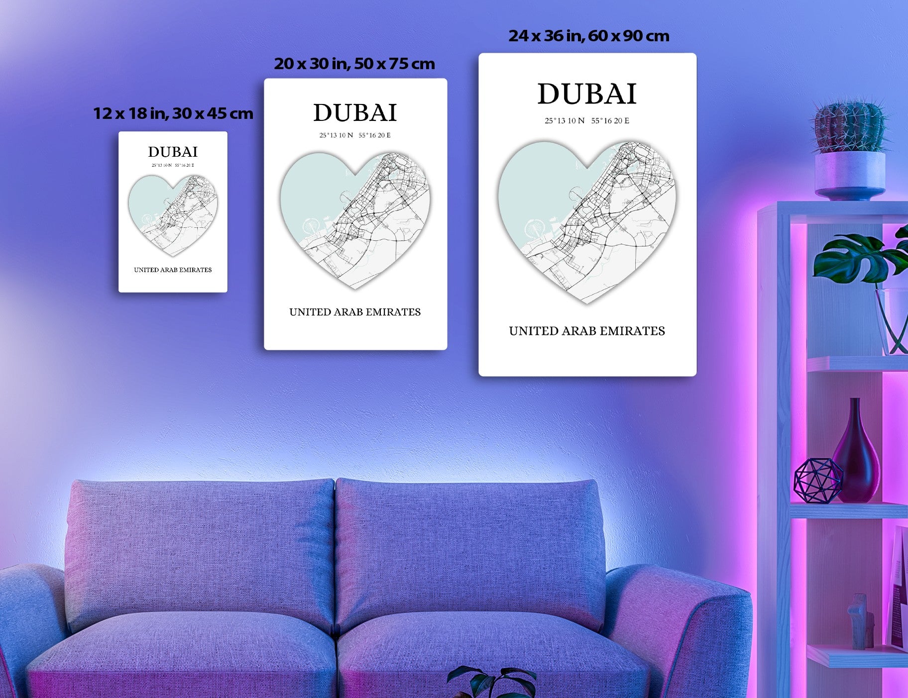 Dubai city map in heart shape with geographic coordinates, depicting the city's streets and locations against a teal background.

