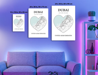 Dubai city map in heart shape with geographic coordinates, depicting the city's streets and locations against a teal background.
