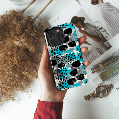 Teal Spots (iPhone Case 11-15)Elevate your iPhone's protection and style with RimaGallery's Trendy animal print pattern with teal accents On case, featuring dual-layer defense and a sleek, glossyRimaGallery