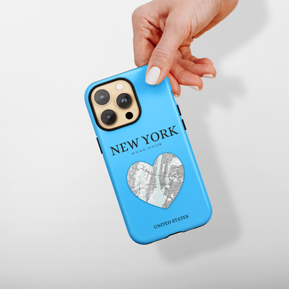 Secure your iPhone 11-15 with RIMA's durable case: Polycarbonate shell, rubber lining for shock absorption, and supports wireless charging-York Heartbeat - Sky Blue (iPhone Case 11-15)