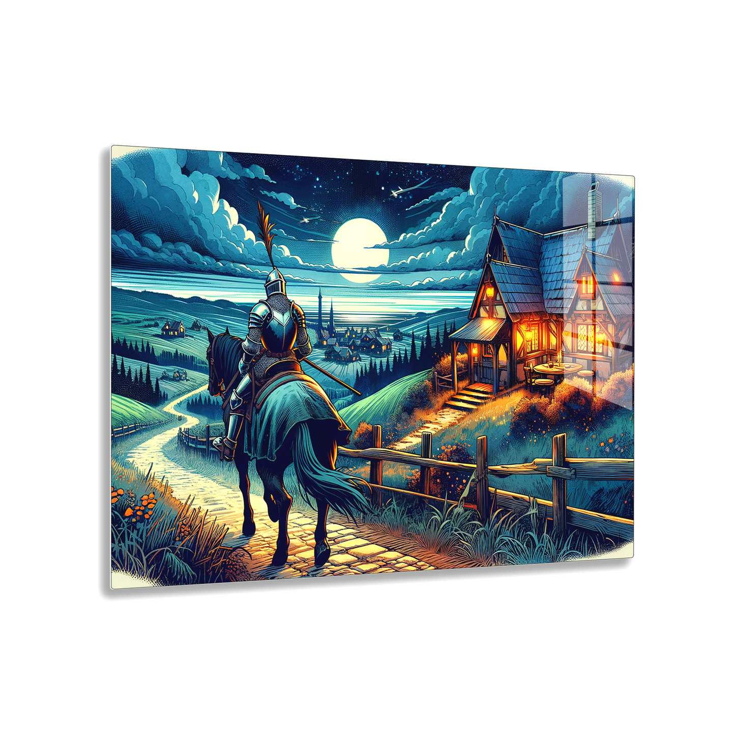 Moonlit Knight's Return (Acrylic)Make a statement with Moonlit Knight's Return acrylic prints. The 1⁄4" acrylic panel exudes the illusion of a smooth glass surface for vibrant artwork. Pre-installedRimaGallery