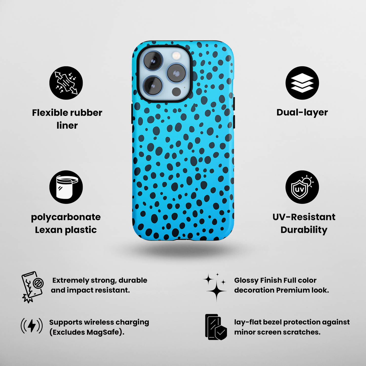 Dotted Delight - Sky Blue (iPhone Case 11-15)Elevate your iPhone's style with a Sky Blue surface with scattered dark dots and a tough case. Sleek, durable protection for models 11-15. Free US shipping.RimaGallery