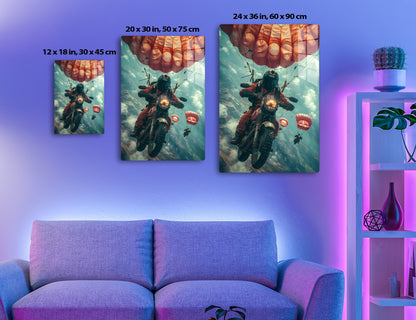 A daredevil motocross rider performs a gravity-defying stunt, soaring among vibrant hot air balloons against a dramatic cloudy sky, capturing a moment of extreme adventure and adrenaline.
