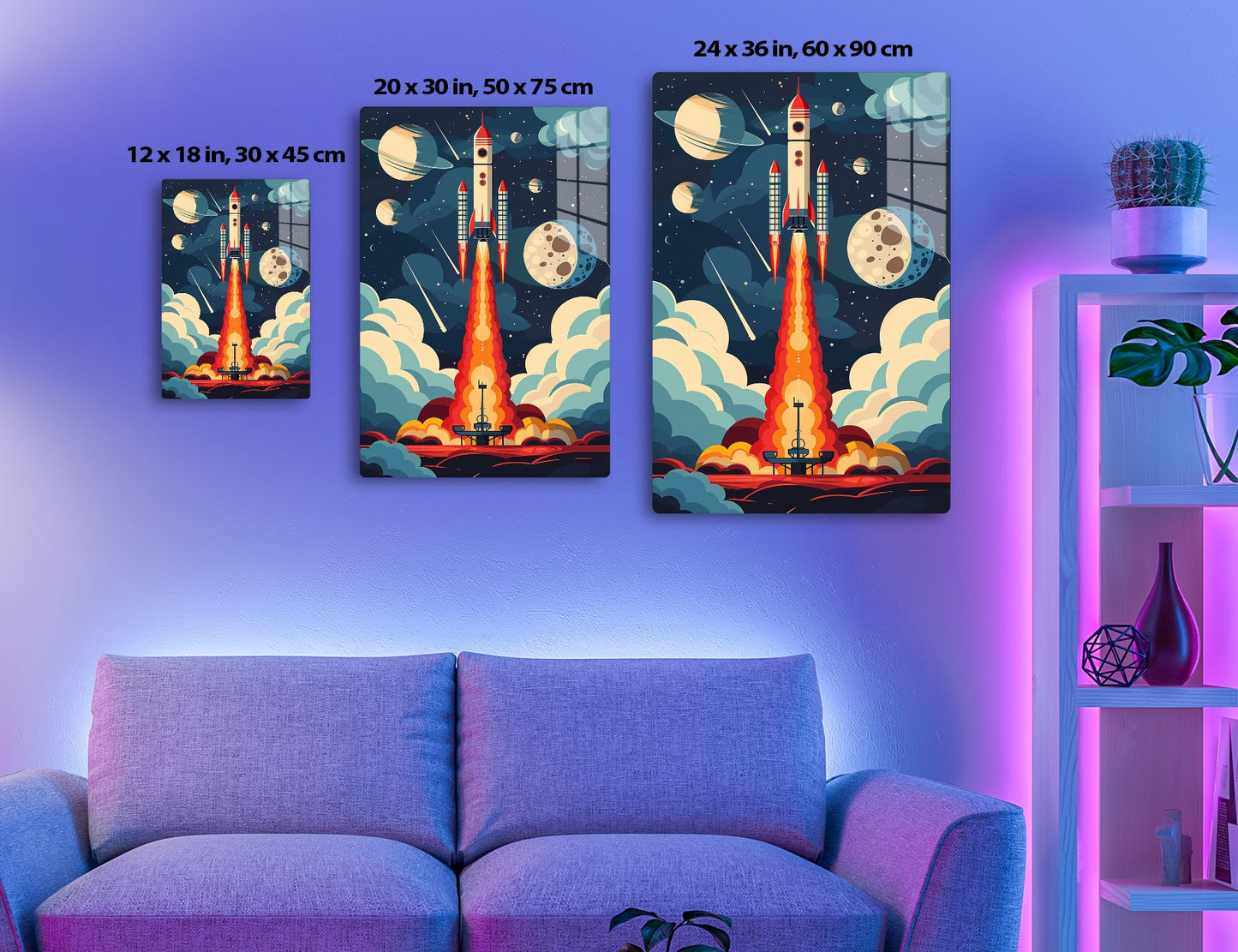 A rocket blasting off into space, with planets, stars, and stylized clouds in the background, creating a whimsical and retro-futuristic scene.
