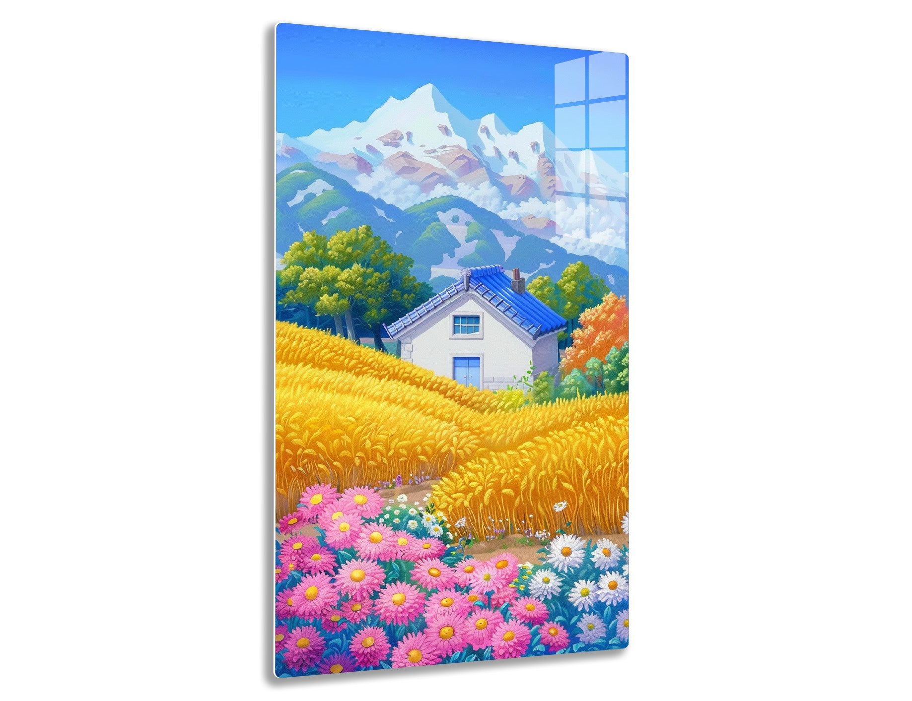 A picturesque mountain landscape with snow-capped peaks and a cozy house surrounded by vibrant fields of wheat, trees, and colorful wildflowers in full bloom.
