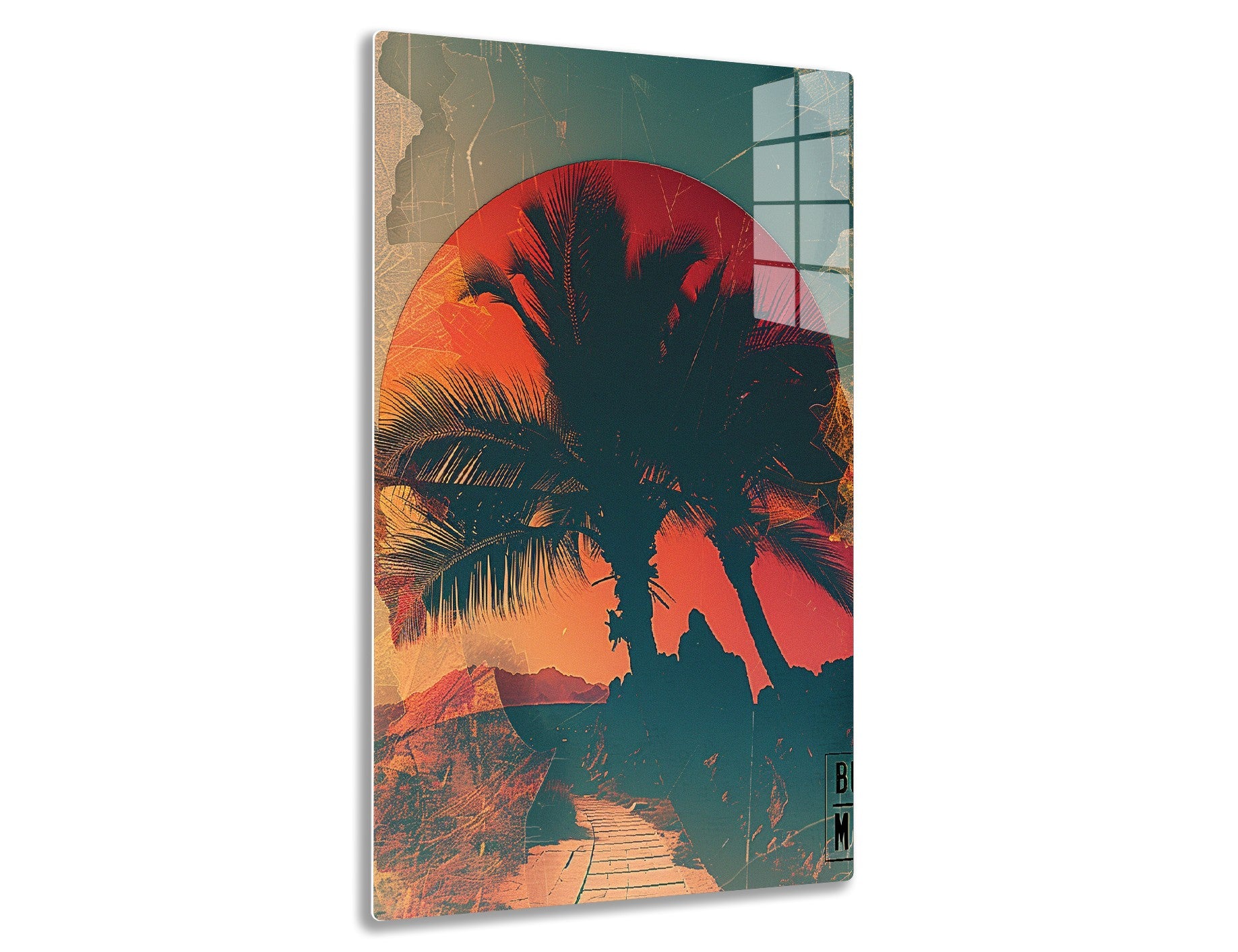 Stylized illustration of palm trees silhouetted against an orange sun or sunset, with abstract geometric patterns and textures in shades of teal and red enveloping the tropical scene.
