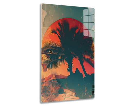 Stylized illustration of palm trees silhouetted against an orange sun or sunset, with abstract geometric patterns and textures in shades of teal and red enveloping the tropical scene.
