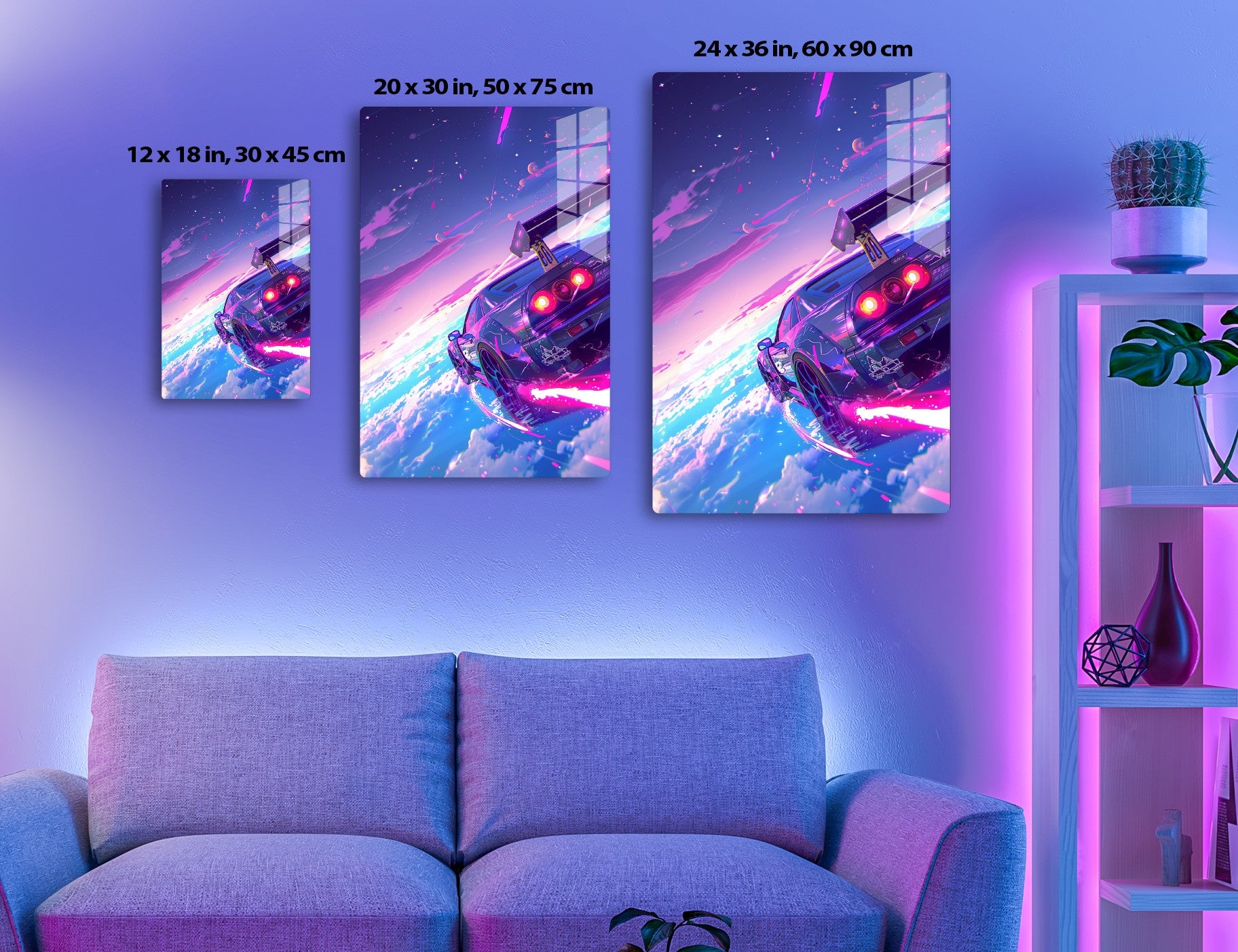 A futuristic digital illustration of a classic muscle car soaring through a vibrant, cosmic atmosphere filled with colorful nebulae and stellar fragments, depicting a surreal and dynamic scene.
