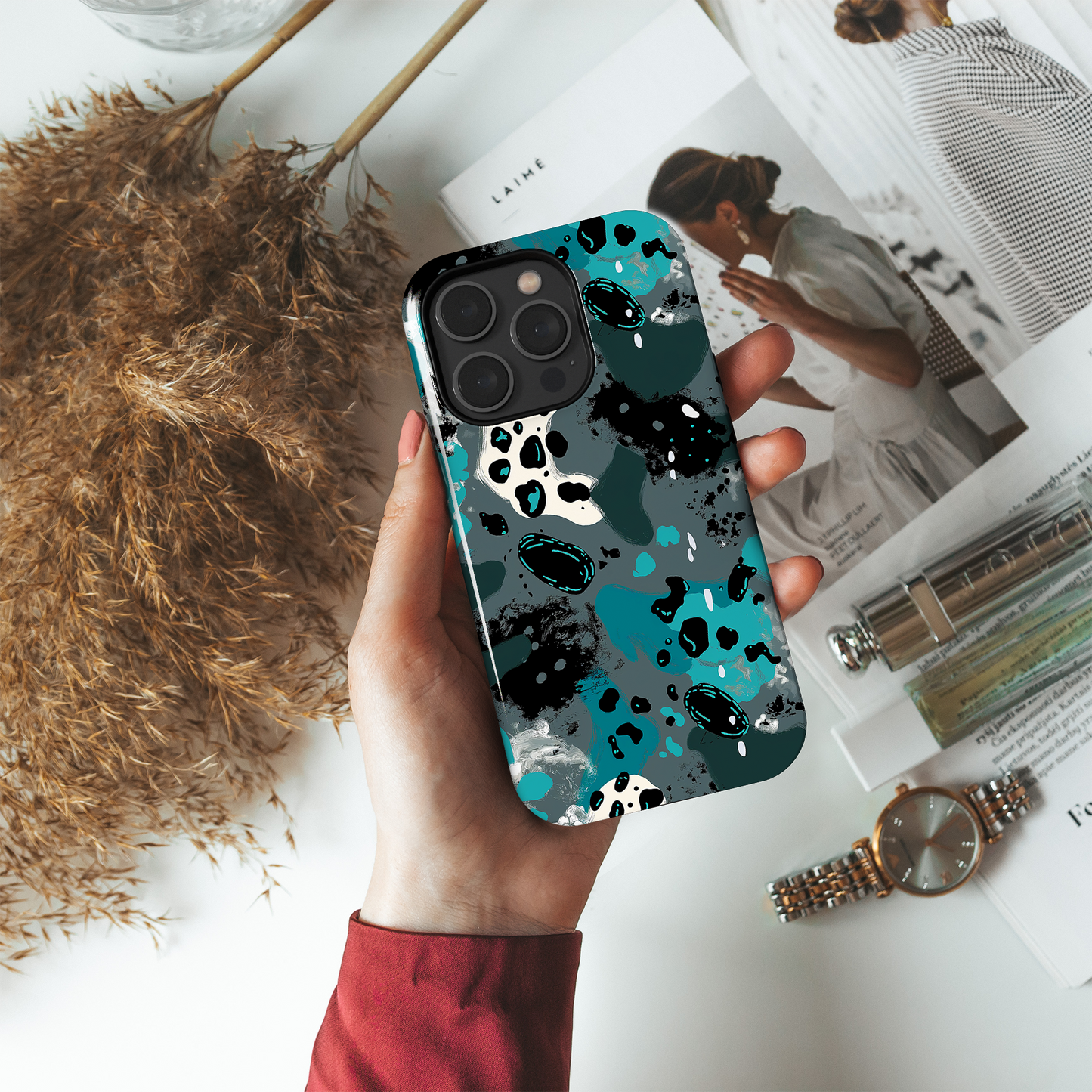 Aqua Abstract (iPhone Case 11-15)Elevate your iPhone's protection and style with RimaGallery's Abstract teal and black speckled pattern On case, featuring dual-layer defense and a sleek, glossy finiRimaGallery