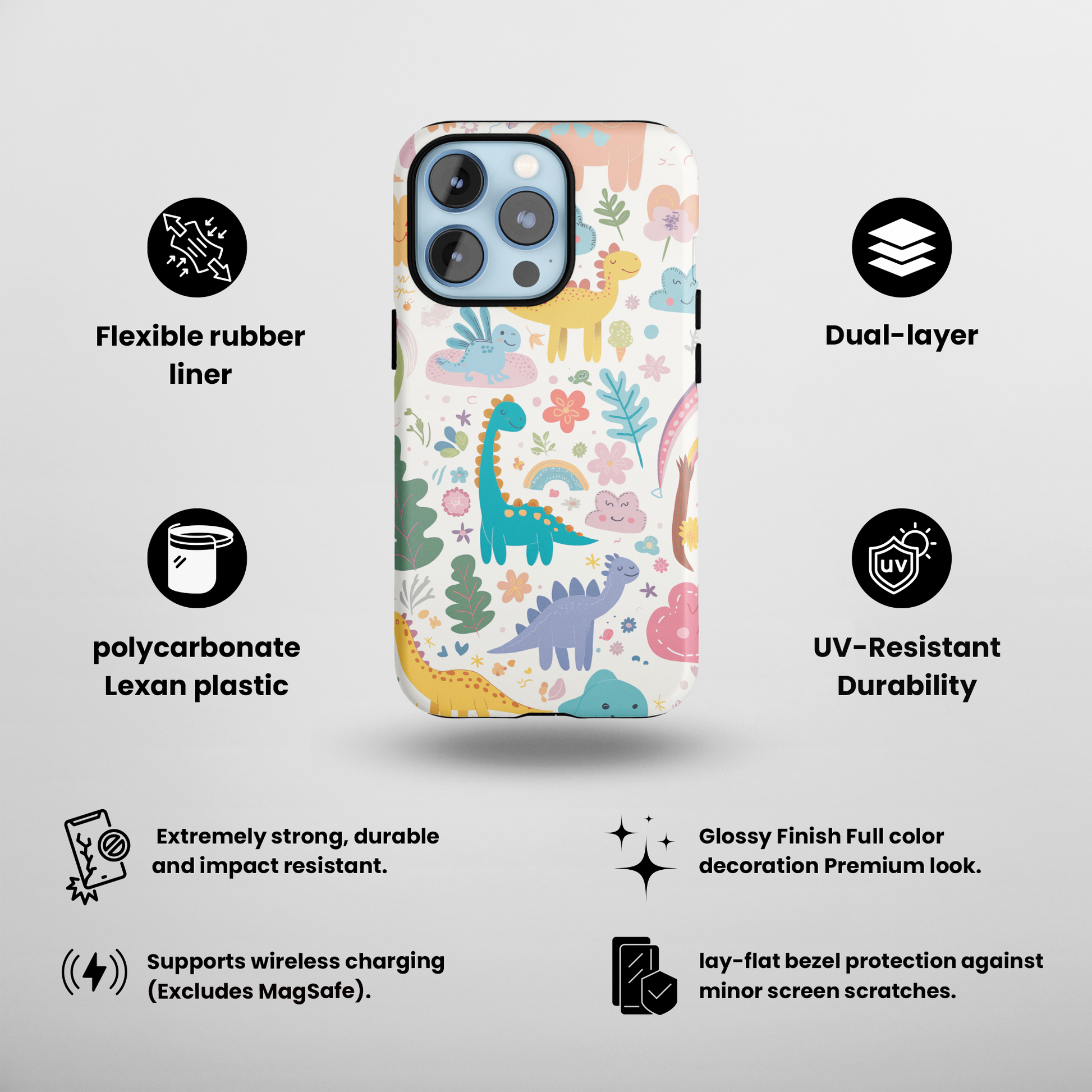 Playful dinosaurs (iPhone Case 11-15)Elevate your iPhone's style with a phone case with dinosaur illustrations and a tough case. Sleek, durable protection for models 11-15. Free US shipping.RimaGallery