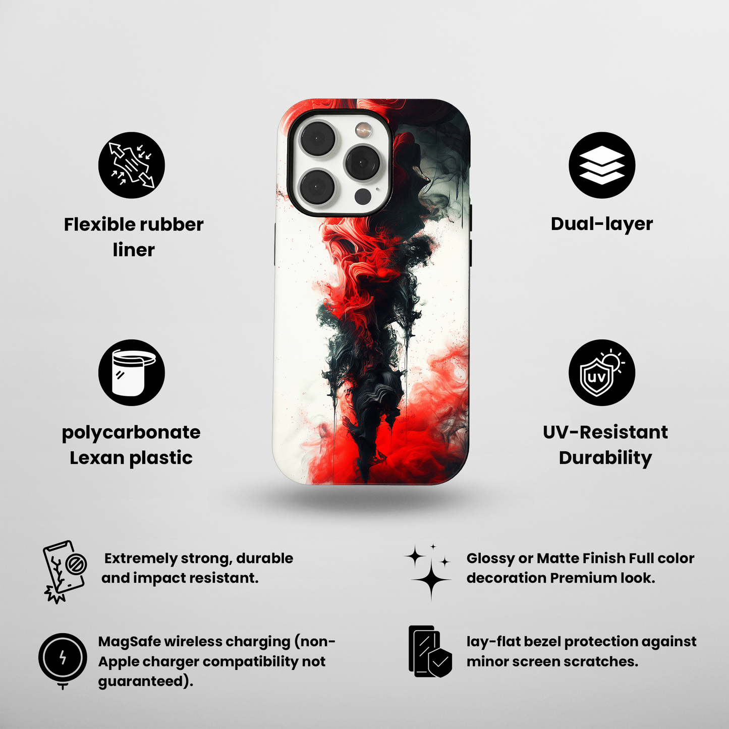 Ruby Ripples (iPhone MagSafe Case)Elevate your iPhone's protection and style with RimaGallery's Vibrant red ink flows on a MagSafe Case against a dark backdrop. Enjoy dual-layer defense, vibrant desiRimaGallery