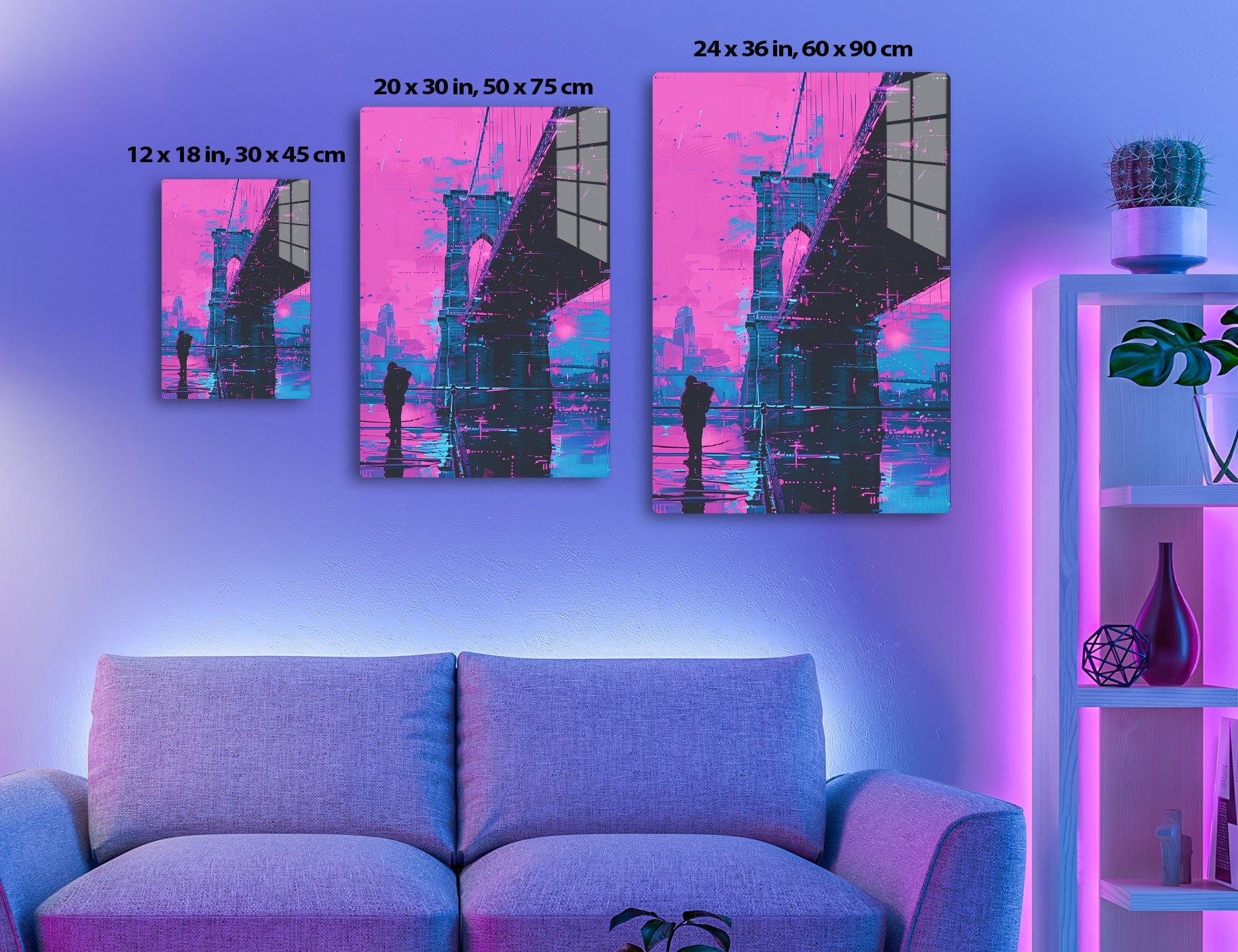 A futuristic cityscape rendered in glitchy neon pink, blue and black tones, featuring a stylized suspension bridge with a lone silhouetted figure in the foreground observing the cyberpunk vista.
