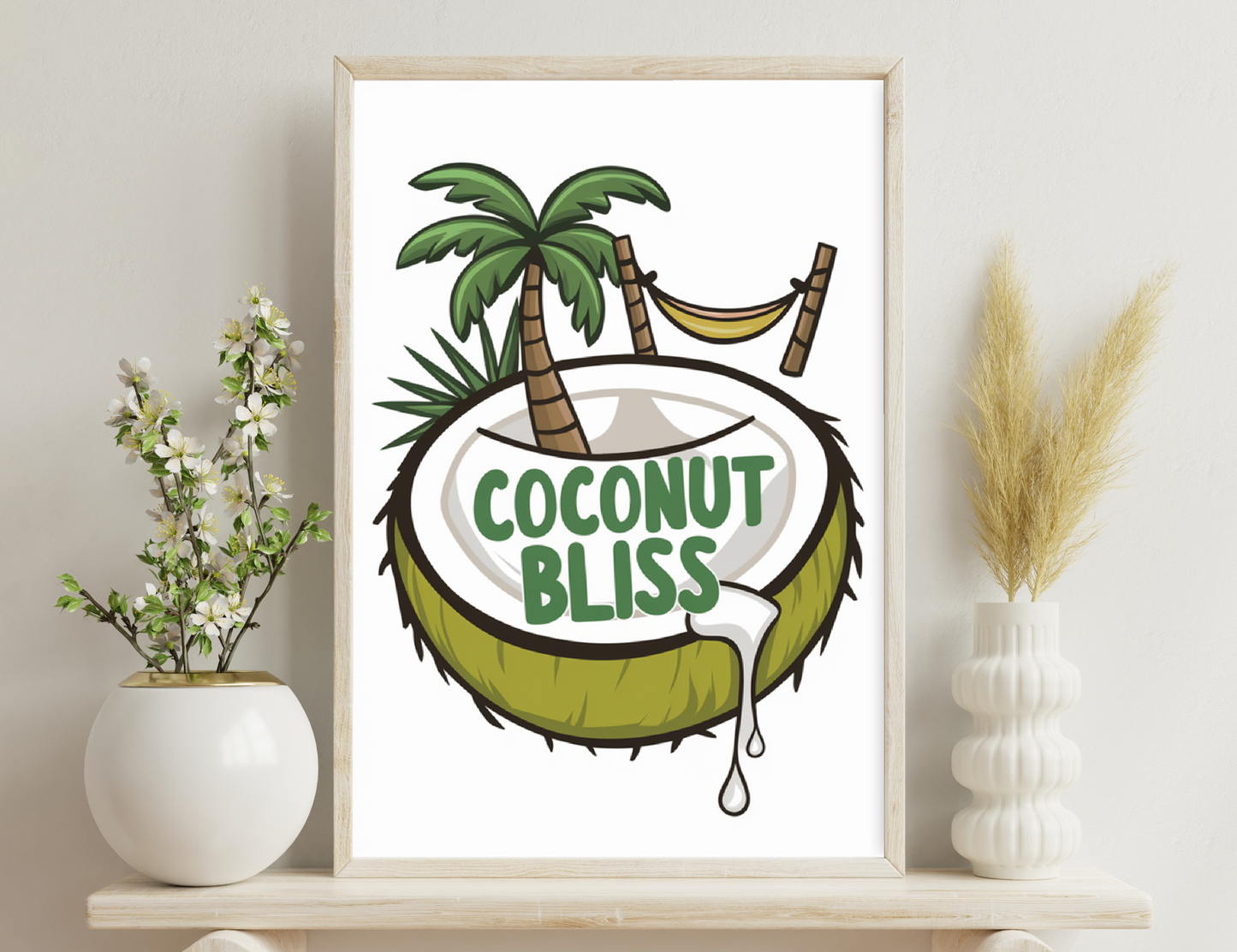 Illustration of a coconut with palm trees, a hammock, and the text "Coconut Bliss" - representing a tropical paradise or vacation spot.
