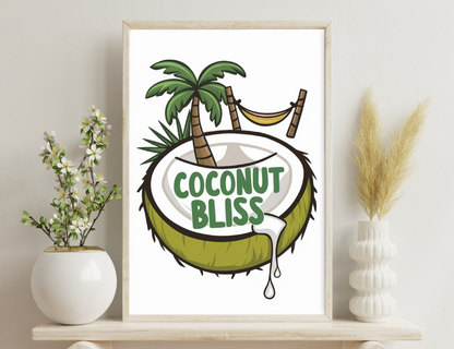 Illustration of a coconut with palm trees, a hammock, and the text "Coconut Bliss" - representing a tropical paradise or vacation spot.
