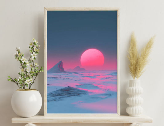 A surreal ocean landscape at dusk, featuring a massive pink sun setting over jagged, icy mountain peaks amidst a frozen sea of pink and blue hues.
