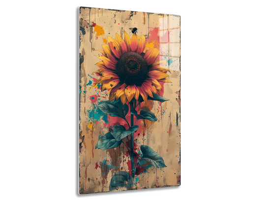 A vibrant sunflower illustration with yellow and pink petals against a distressed, vintage-style background with paint splatters of various colors.
