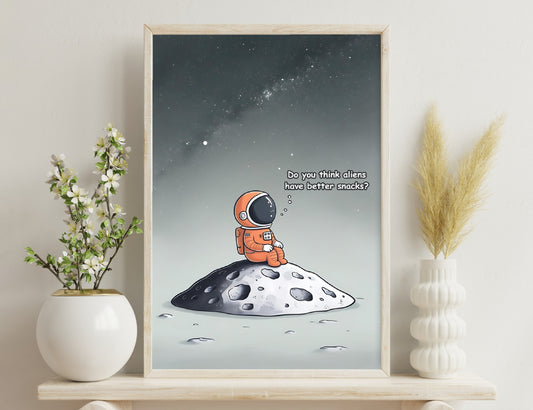 An astronaut sitting on the moon looks up at the starry sky and wonders aloud: "Do you think aliens have better snacks?", revealing a childlike curiosity despite the grand cosmic setting.
