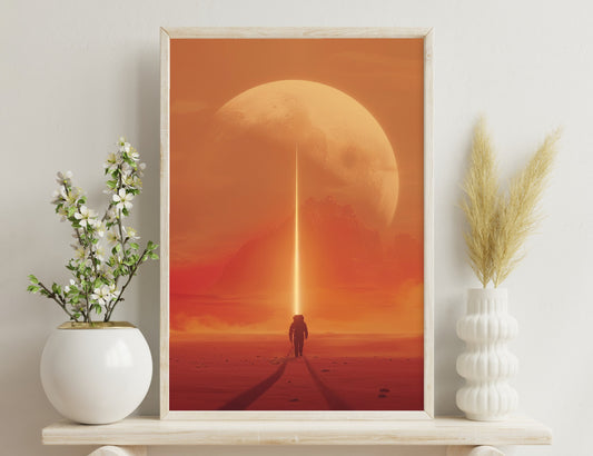 A lone figure stands on a path leading towards an immense glowing beam of light piercing the sky, with an enormous reddish moon looming in the background against an orange-tinted horizon.
