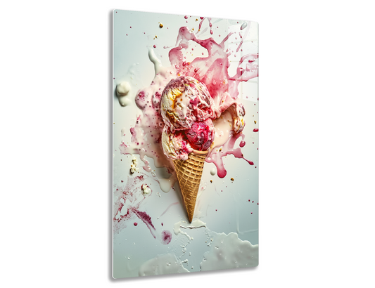 A melting ice cream cone splattered with pink and red liquids resembling blood, creating a messy and unsettling art piece.
