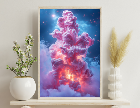 A vibrant, celestial image depicting swirling clouds of pink and red hues, resembling a cosmic explosion or nebula, set against a deep blue starry sky, with hints of fiery orange in the center.
