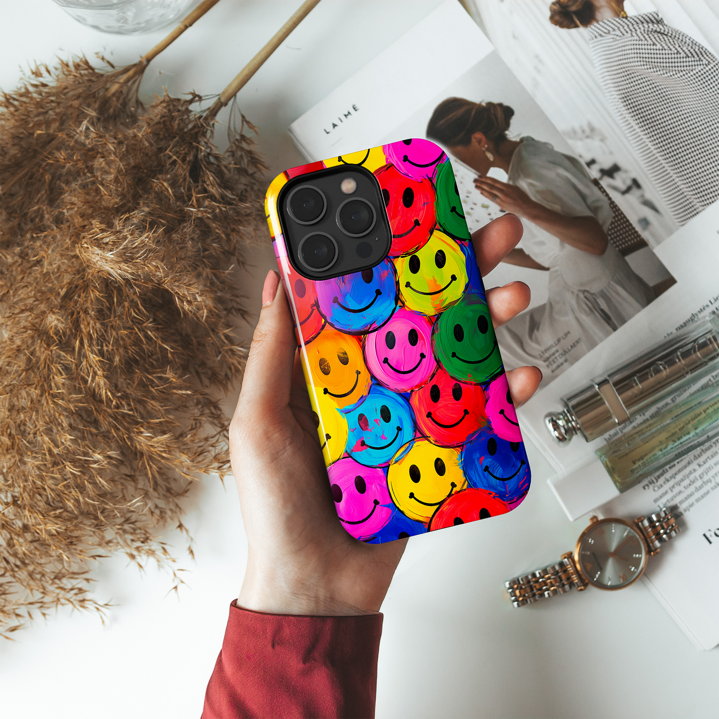 Colorful Smiley Face (iPhone Case 11-15)Elevate your iPhone's protection and style with RimaGallery's Colorful smiley face On case, featuring dual-layer defense and a sleek, glossy finish. Free US shippingRimaGallery