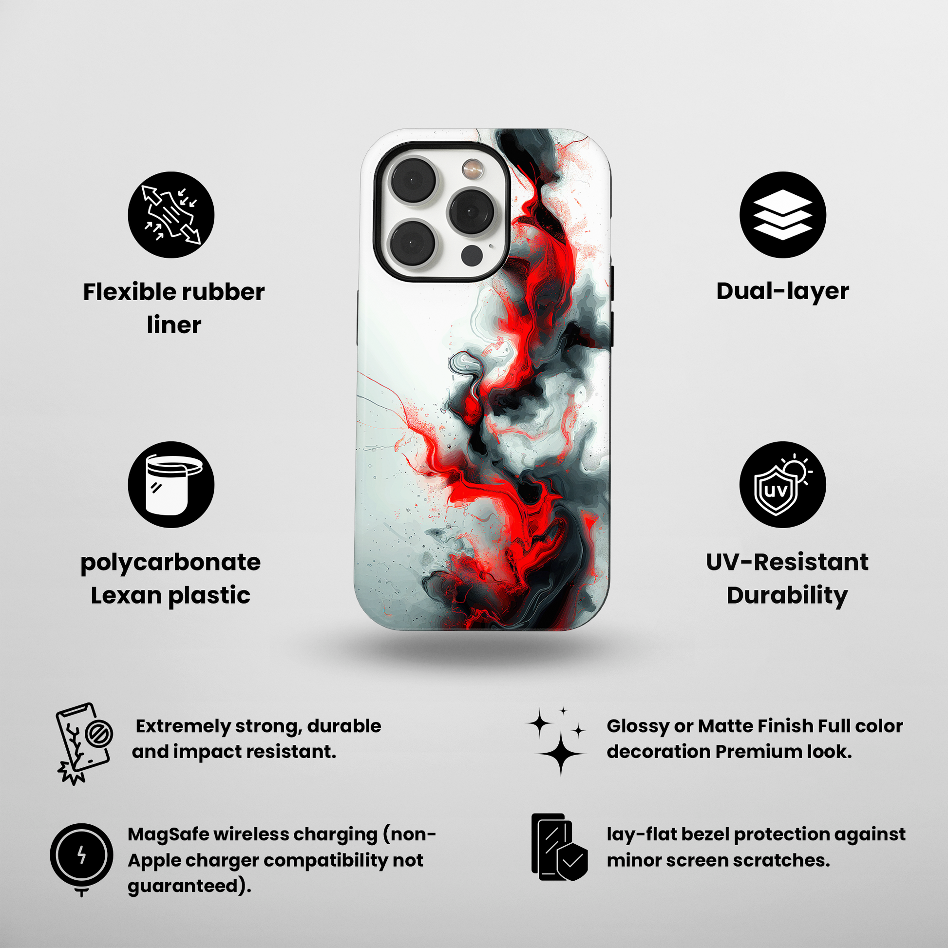 Blush Swirl (iPhone MagSafe Case)Elevate your iPhone's protection and style with RimaGallery's elegant swirls of red and smoke blended across the iPhone MagSafe Case against a dark backdrop. Enjoy dRimaGallery