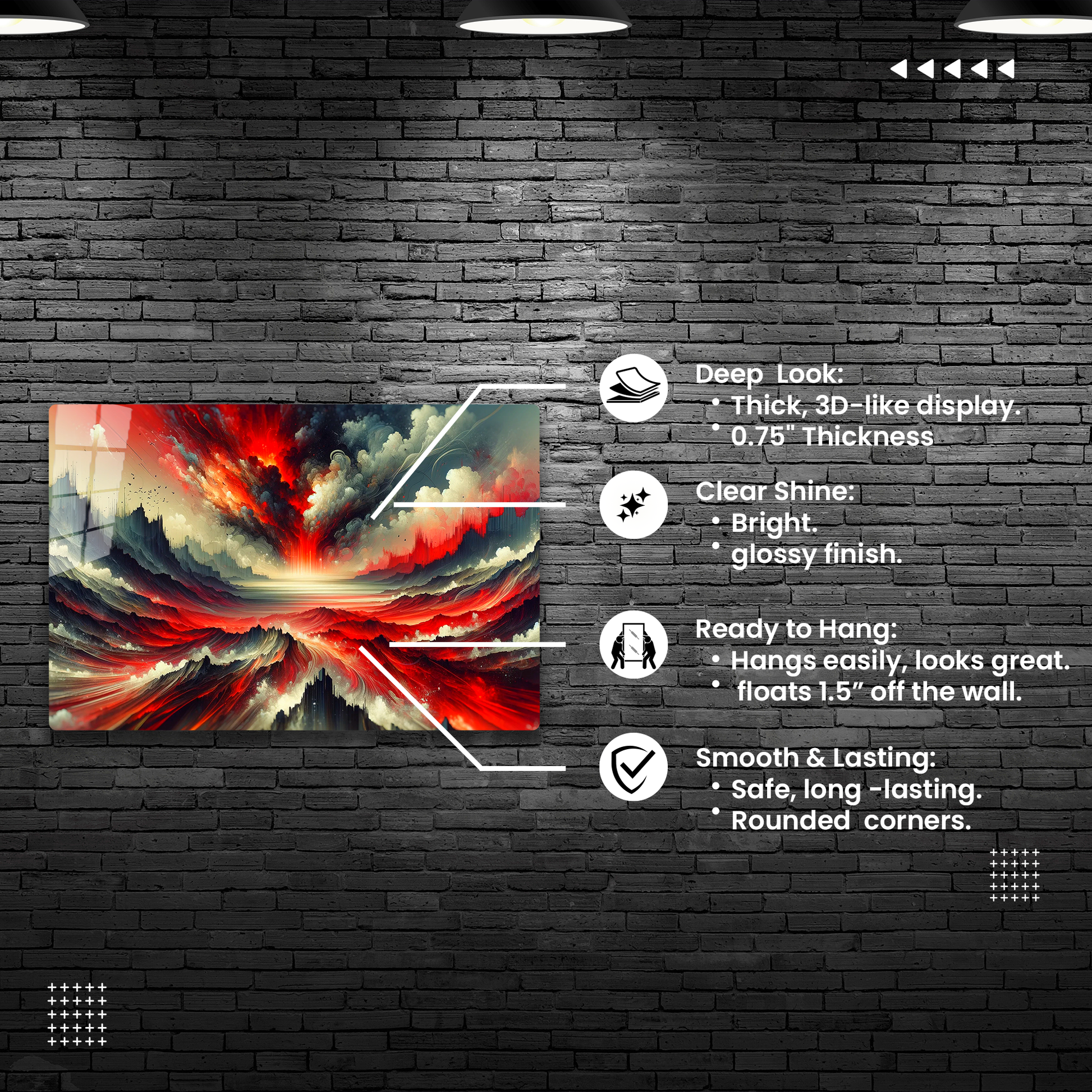 Crimson Eruption Mystique (Acrylic)Make a statement with Crimson Eruption Mystique acrylic prints. The 1⁄4" acrylic panel exudes the illusion of a smooth glass surface for vibrant artwork. Pre-installRimaGallery