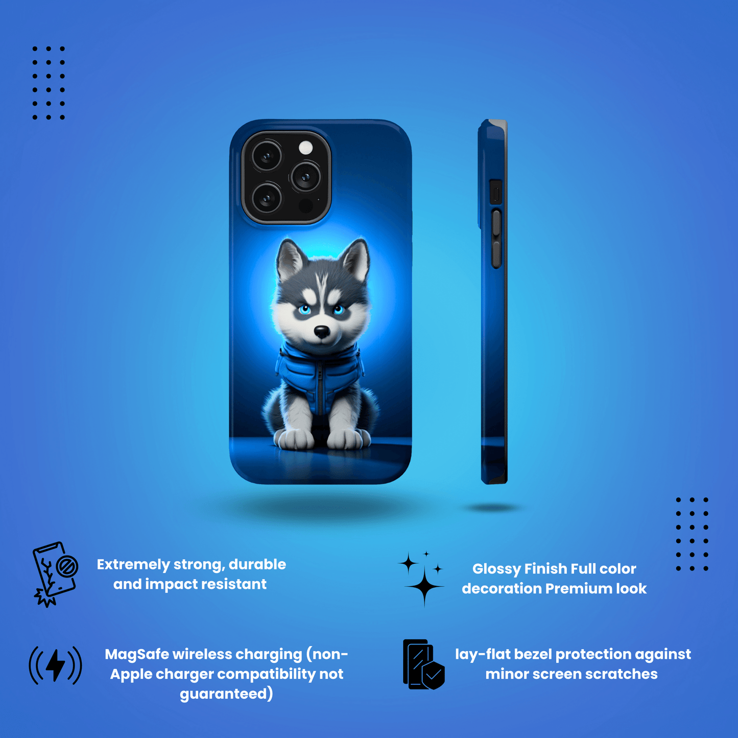 Blue Husky Charm (iPhone MagSafe Case)Blue Husky Charm MagSafe Durable Case: Style Meets Protection 📱✨
Upgrade your device with Rima Gallery's Blue Husky Charm MagSafe Durable Case. This case isn’t justRimaGallery
