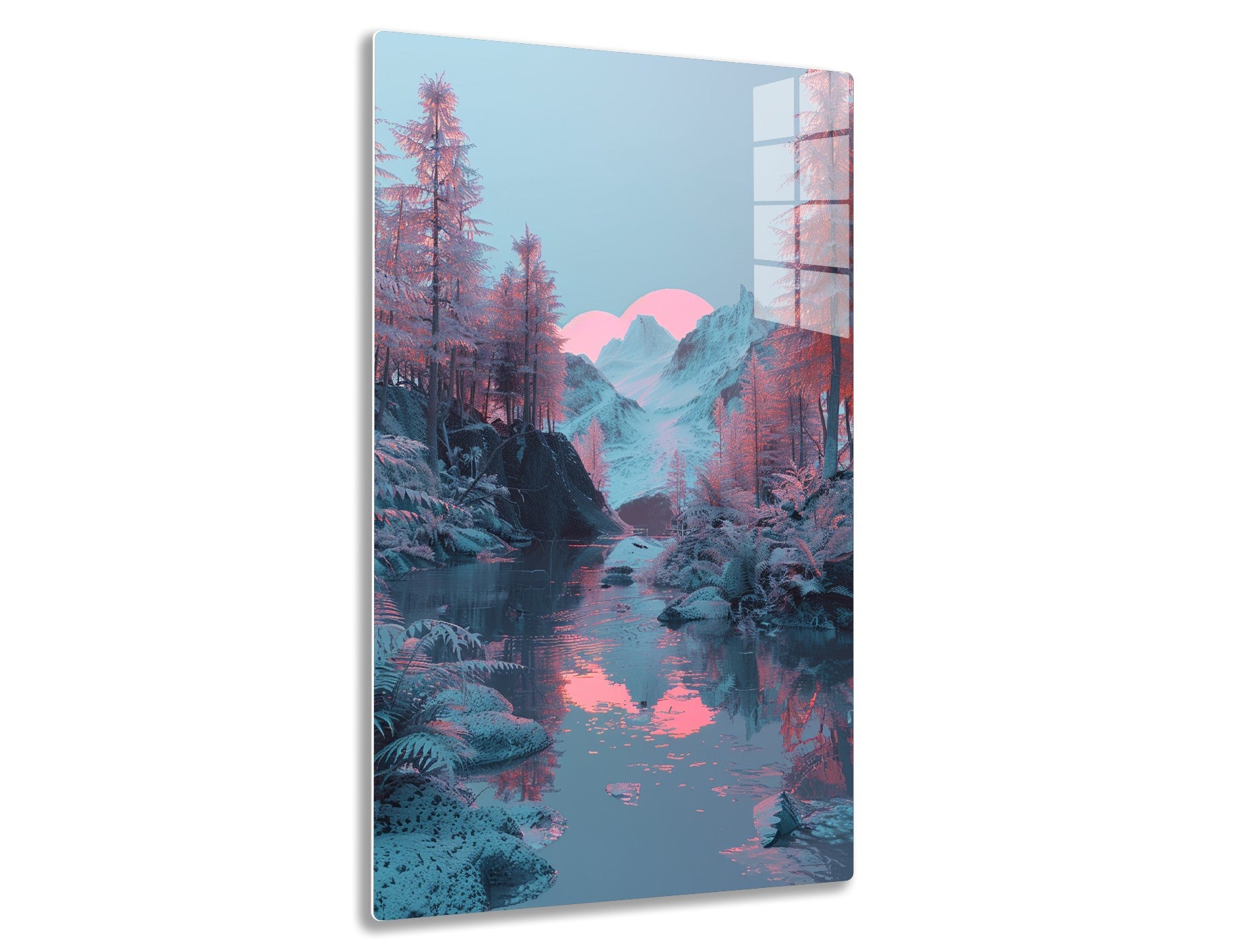 A tranquil mountain landscape with towering snow-capped peaks, evergreen trees, and a serene lake reflecting the surreal pink sunrise or sunset hues in the sky.

